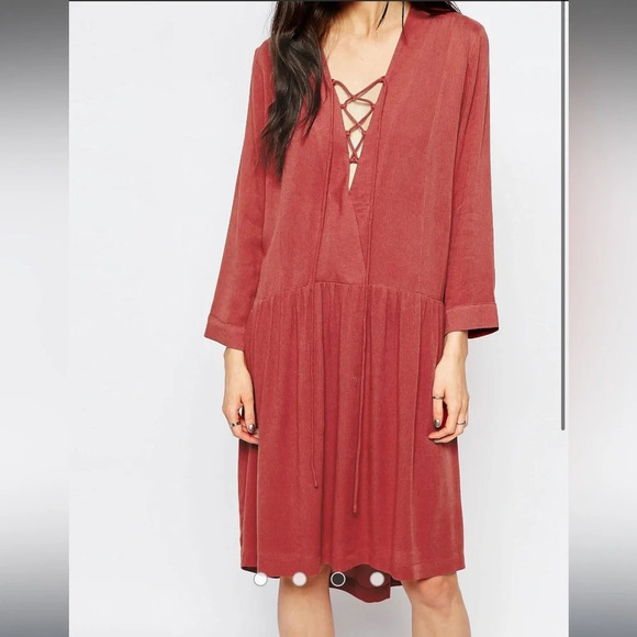 Just Female Terracotta Rust Red Canyon Tie Lace Up Front Smock Dress Size XS - Picture 5 of 11